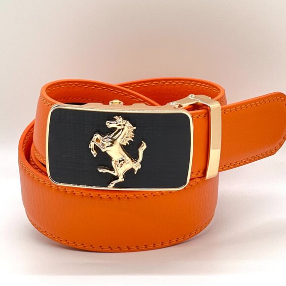 Automatic Designer Buckle Men's Orange Ratchet‎ Genuine Leather Belt Dress Jeans - Picture 1 of 2